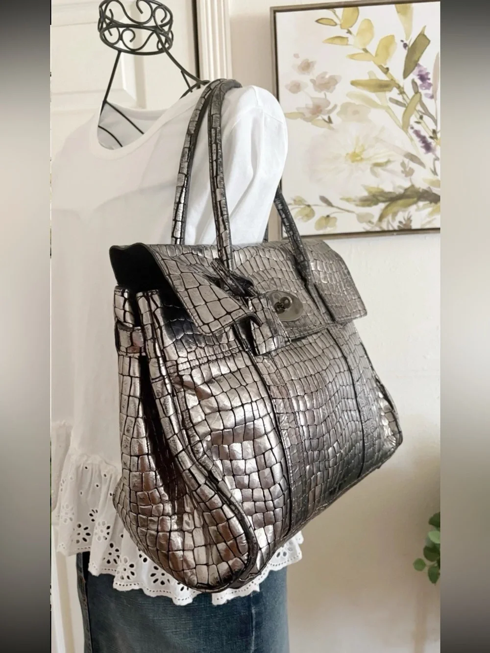 Mulberry Metallic Croc-Embossed Satchel in Silver-Brown